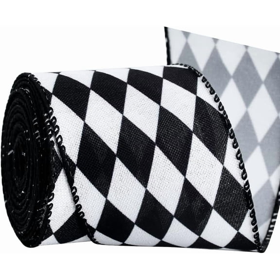 2.5 Inch Black and White Plaid Check Burlap Wired Ribbon, Harlequin Ribbon for Gift Wrapping, Wreath Bows Making, Crafts Home Party Tree Halloween Christmas Birthday Decoration(Rhombic,6yds)