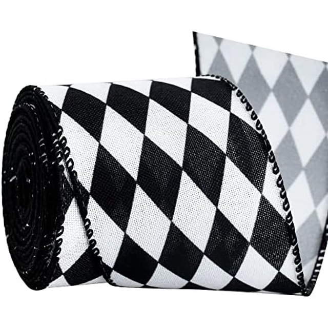 2.5 Inch Black and White Wired Edge Ribbon, Plaid Check Burlap Ribbon