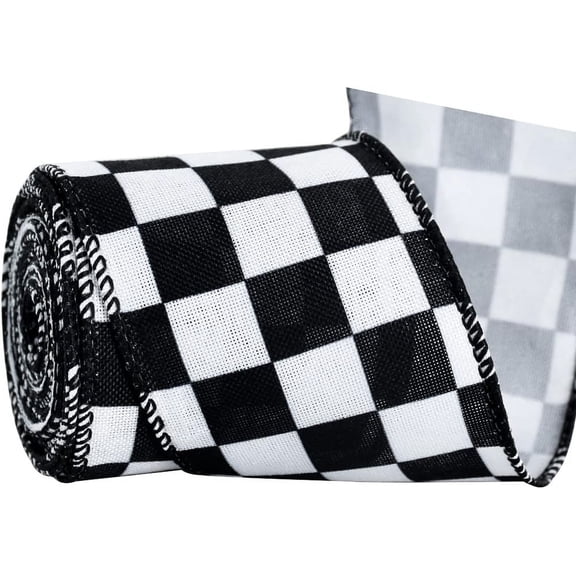 2.5 Inch Black and White Wired Edge Ribbon, Plaid Check Burlap Ribbon for Gift Wrapping, Wreath Bows Making, Crafts Home Party Halloween Christmas Tree Decoration(Check,6yds) Black-checked -