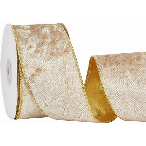 2.5 Inch Champagne Velvet Ribbon Wired Gold Edge Metallic Glitter Single Faced Christmas Ribbons Trim Roll with Spool for Sewing Making Crafts Wreaths Christmas Tree Gift Wrapping Wedding colorful