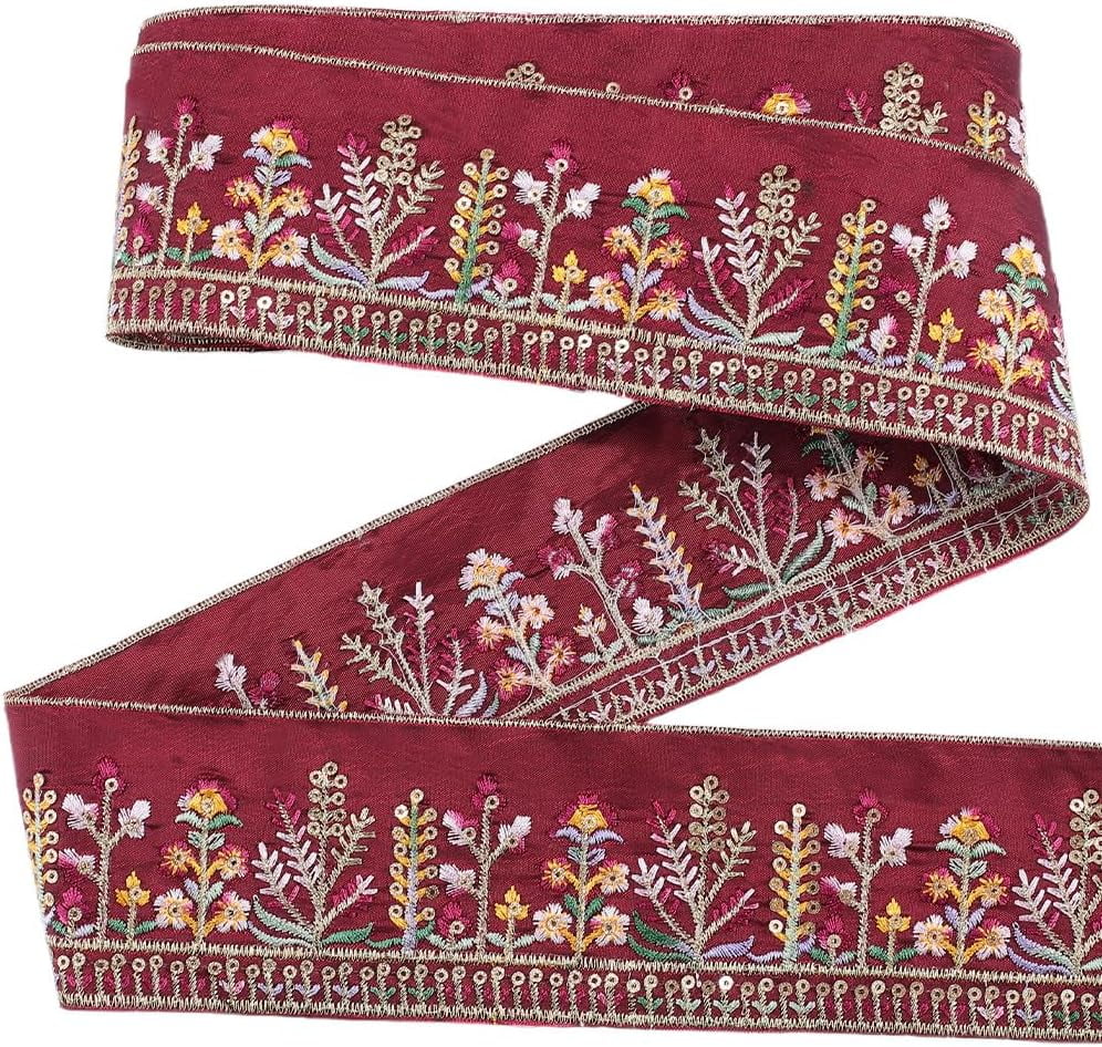 2.5 Inch Dark Red Embroidered Ribbon Trim Boho Flower Jacquard ...