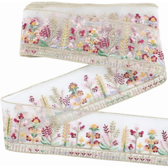 2.5 Inch Embroidered Jacquard Trim Tape Organza Sheer Floral Embroidery Ribbon Polyester Boho Flower Woven Fabric Applique Ribbons for Sewing Crafts Wedding Gift Wrapping Home Decor Supply
