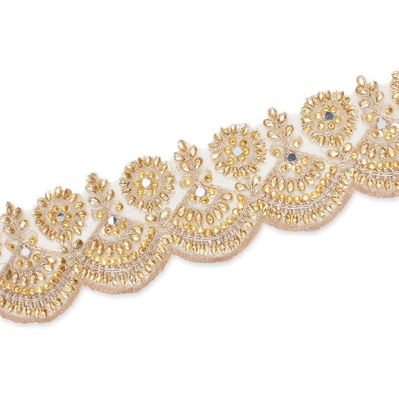 2.5 Inch Floral Metallic Cording With Rhinestones & Embroidery On Mesh Fabric Trim - Champagne (1 Pack, 4.9 Yards)