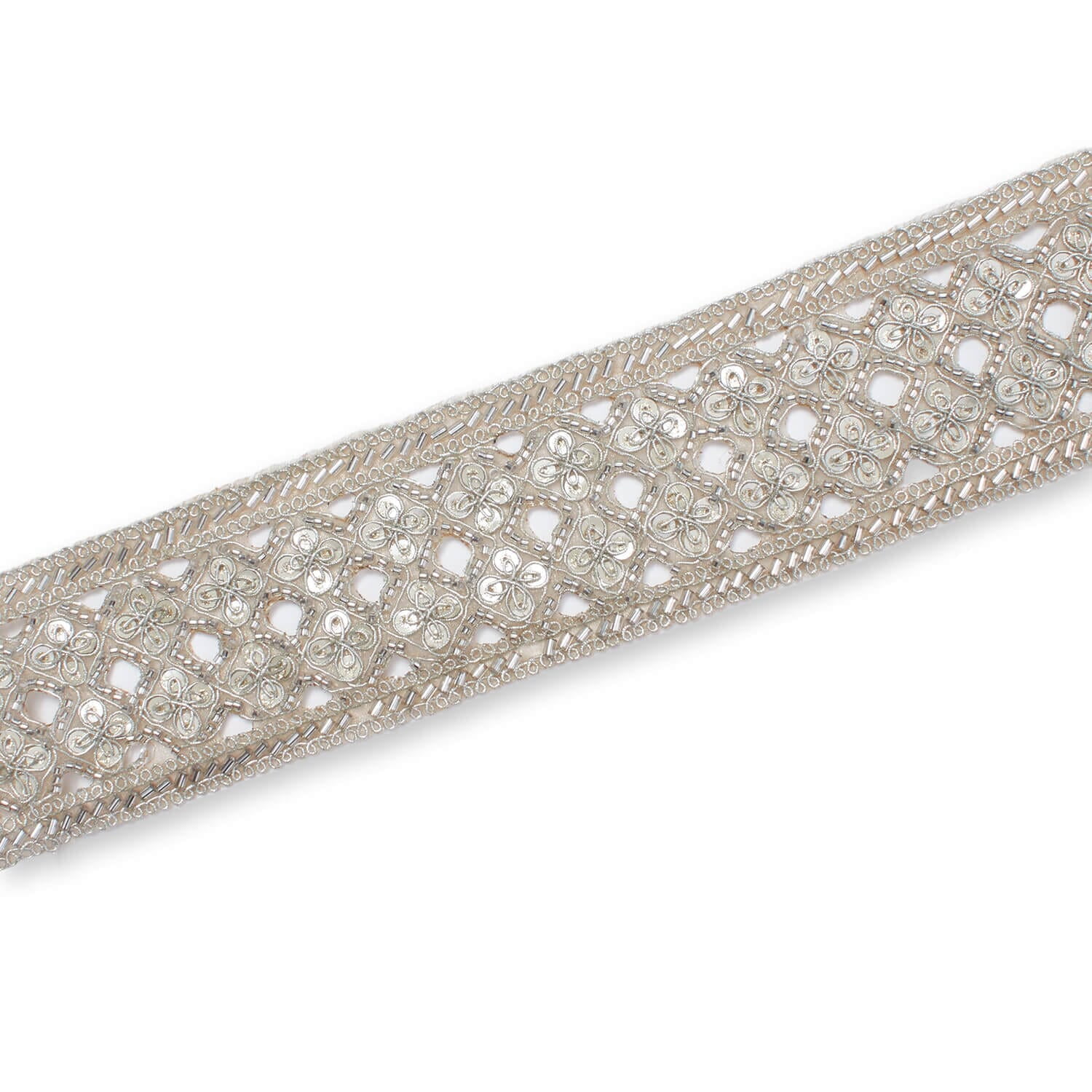Beaded Lace Trim 2.5 in. Geometric Floral Sequin Corded Eyelet Polyester Sewing & Upholstery Mesh - Silver (1 Pack, 9.8 Yards)