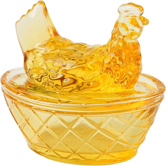 2.5 Inch Glass Hens on Nests, Easter Retro Style Glass Hens Crafts, Handmade Easter Decor Home Tabletop Decor Collectible Farmhouse, Mini Glass Chicken Figurine / Trinket Box, Amber Color
