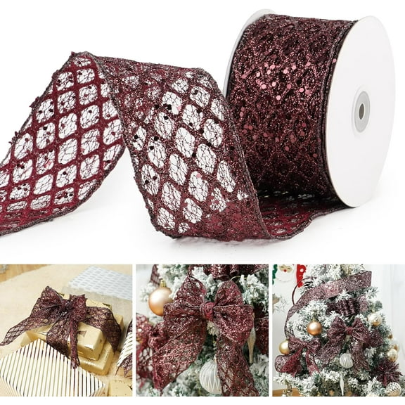 2.5 Inch Glitter Diamond Mesh Wired Ribbon for Christmas Tree Gift Wrapping Crafts Bows Wreaths Garland Wedding Tree Topper Holiday Decor Halloween 10 Yards