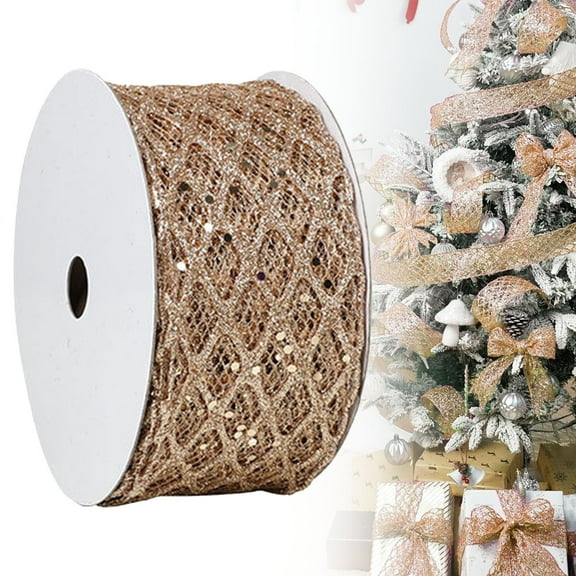 2.5 Inch Gold Glitter Diamond Mesh Wired Ribbon, 10 Yards Christmas Tree Ribbon Wired for Gift Wrapping, Wreaths, Bows, Garland, Holiday Decorations