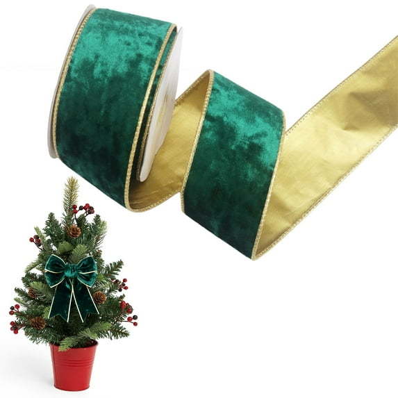 2.5 Inch Green Velvet Ribbon, Gold Backing Double Sided Christmas Velvet Ribbon, Golden Edge Velvet Ribbon for Gift Wrapping, Christmas Tree Decoration Supplies, Wreaths & Crafts for Holiday Decor