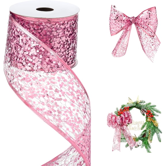 2.5 Inch Mesh Wired Ribbon Metallic Sequin Glitter Web for Christmas Tree Gift Wrapping Crafts Topper Bows Wreaths Holiday Decor Garland 10 Yards