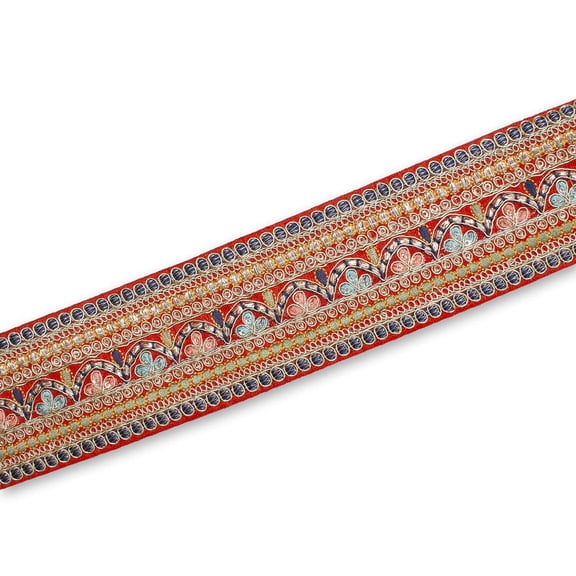 2.5 Inch Multicolored Floral Metallic Embroidered Plain Woven Corded Trim By The Yard For Sewing, Crafts, Decor, & Upholstery Projects (Red / 1 Yard)