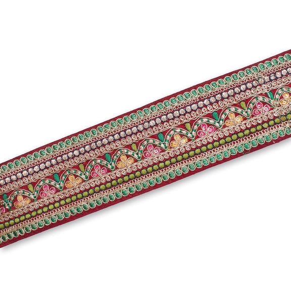 2.5 Inch Multicolored Floral Metallic Embroidered Plain Woven Corded Trim By The Yard For Sewing, Crafts, Decor, & Upholstery Projects (Maroon / 1 Yard)
