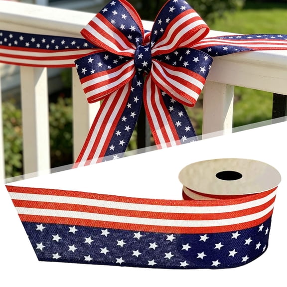 2.5 Inch Patriotic Wired Edge Ribbon, Red White Blue Stripe Ribbon, 3/5 Yards Independence Day Fabric Ribbon for 4th of July Wreath Bow Craft Memorial Day Veterans Day