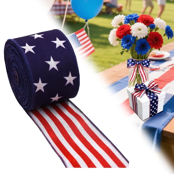 2.5 Inch Patriotic Wired Satin Ribbon, 5 Yards, Stars & Stripes Patriotic Ribbon with Edge for 4th of July, Memorial Day, Independence Day, Wreath Making & Crafts