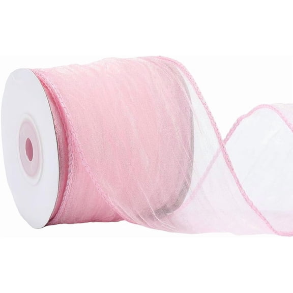 2.5 Inch Pink Sheer Organza Ribbon Soild Glitter Metallic Crinkle Wrinkled Wired Silk Mesh Yarn Ribbons Bulk with Spool for Sewing Making Crafts Wreaths Home Decor Flower Bouquet DIY Supply diy