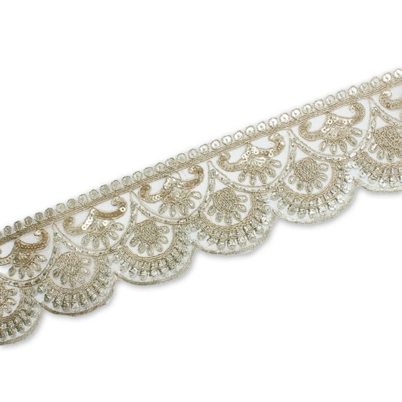 2.5 Inch Scalloped Floral Sequin Metallic Corded Mesh Trim for Sewing, Costumes, Crafts, and Décor – Sold by the Yard (Champagne, 1 Yard)