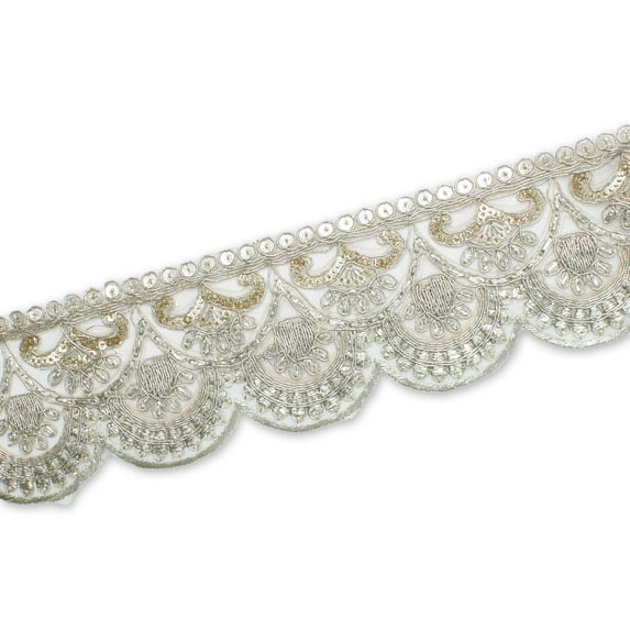 2.5 Inch Scalloped Floral Sequin Metallic Corded Mesh Trim for Sewing, Costumes, Crafts, and Décor – Sold by the Yard (Silver, 10 Yards)