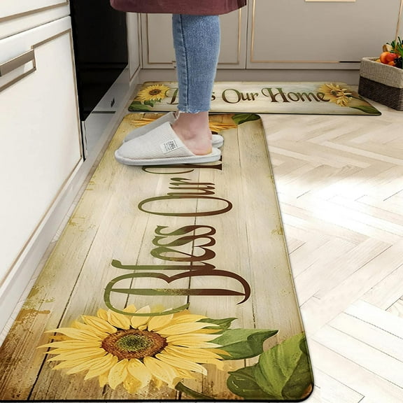 2/5 Inch Sunflower Kitchen Mats Set of 2 Anti-Fatigue Farmhouse Kitchen Floor Mats Waterproof Non-Skid Kitchen Mats Washable Comfort Standing Mat for Kitchen Decor, Brown, 17.3x28+17.3x47 inch