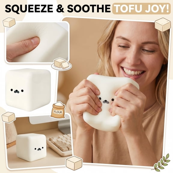 2.5 Inch Tofu Seal Cube Anxiety Relief Squish Toy, Slow Rebound Soft Squeeze Fidget, Perfect Stocking Stuffer Gift