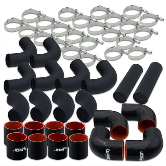 2.5" Inch Universal Piping Kit Black Aluminum (12pcs) + T-Bolt Clamps (24pcs) + Silicone Couplers Set Black (12pcs) Turbo Intercooler Upgrade