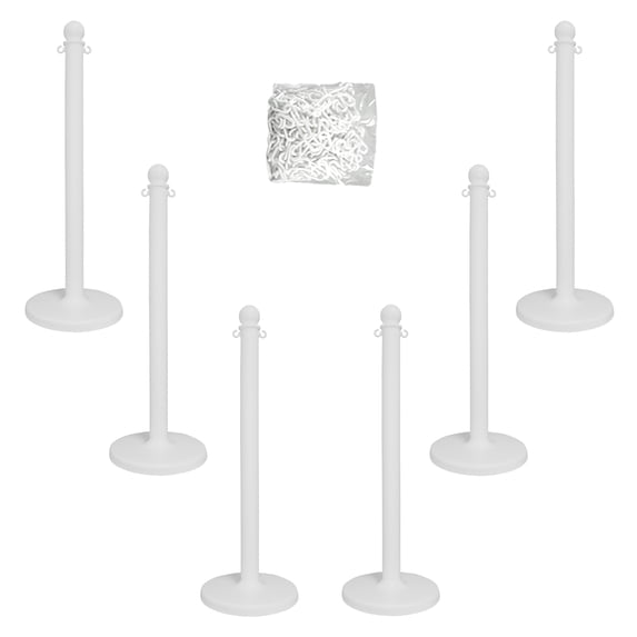 2.5 Inch White Medium Duty Stanchion & Chain Kit (6 Pk)