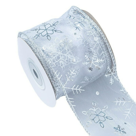2.5 Inch Wide Christmas Wired Ribbon Snowflake Organza Sheer Glitter Ribbon for Xmas Tree, Wreath, Party Decoration, Gift Wrapping,Silver