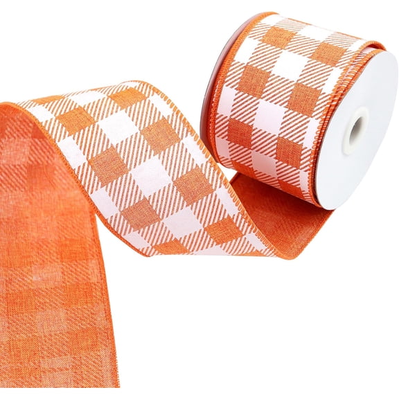 2.5 Inch Wired Edge Burlap Ribbon, Orange Gingham Plaid Checked Ribbons, Christmas Ribbons Halloween Ribbon Summer Spring Wired Ribbon,for Gift Wrapping, Wreath, Crafts Home Decoration (10yds)