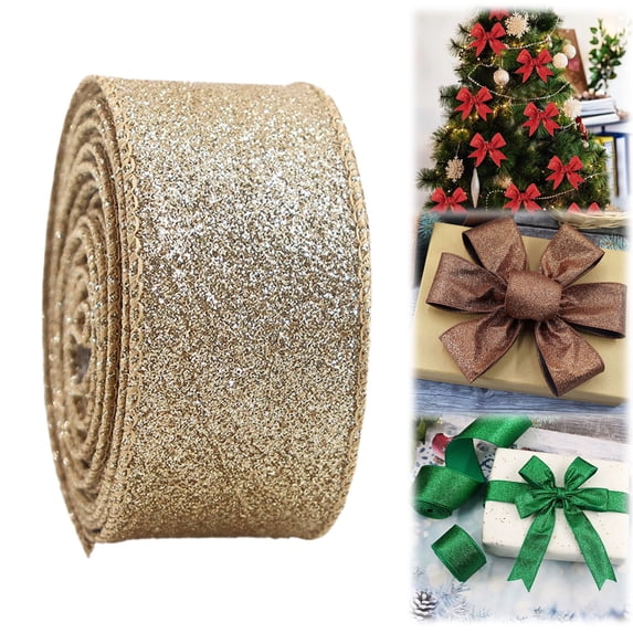 2.5 Inch x 10 Yards Metallic Glitter Wired Ribbon, Christmas Ribbon for Tree Garland Wreath DIY Crafts, 1 Roll