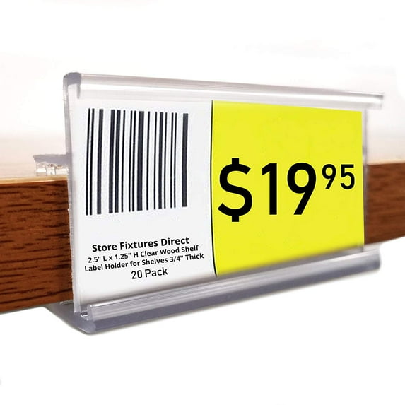 2.5" L x 1.25" H Clear Wood Shelf Label Holder, Clips & Grips On to Shelves 3/4" Thick - 40 Pack