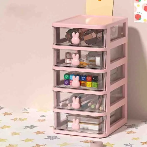 2-5 Layers Clear Stacking Drawer Organizer Multi-Tier PP Storage Box Cartoon for Office/Beauty Products, Modular Desktop System