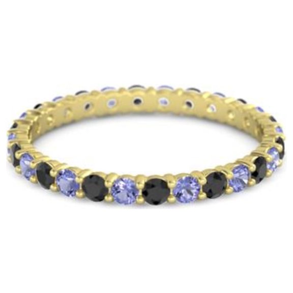 2.5 MM Black Spinel With Iolite Eternity Band 925 Sterling Silver Gold Plated Women Stacking Ring