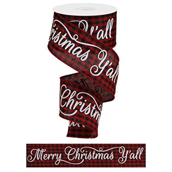 2.5" Merry Christmas Yall Check Ribbon: Red & Black (10 Yards) - Red Black Gingham Check Christmas Wired Edge Ribbon RGA1293MA
