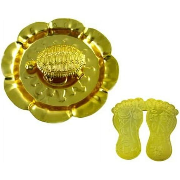 2.5" Metal Tortoise in Plate With Laxmi Charan Paduka in Plate Golden Finish Set for Good Luck Money Wealth Prosperity Gift