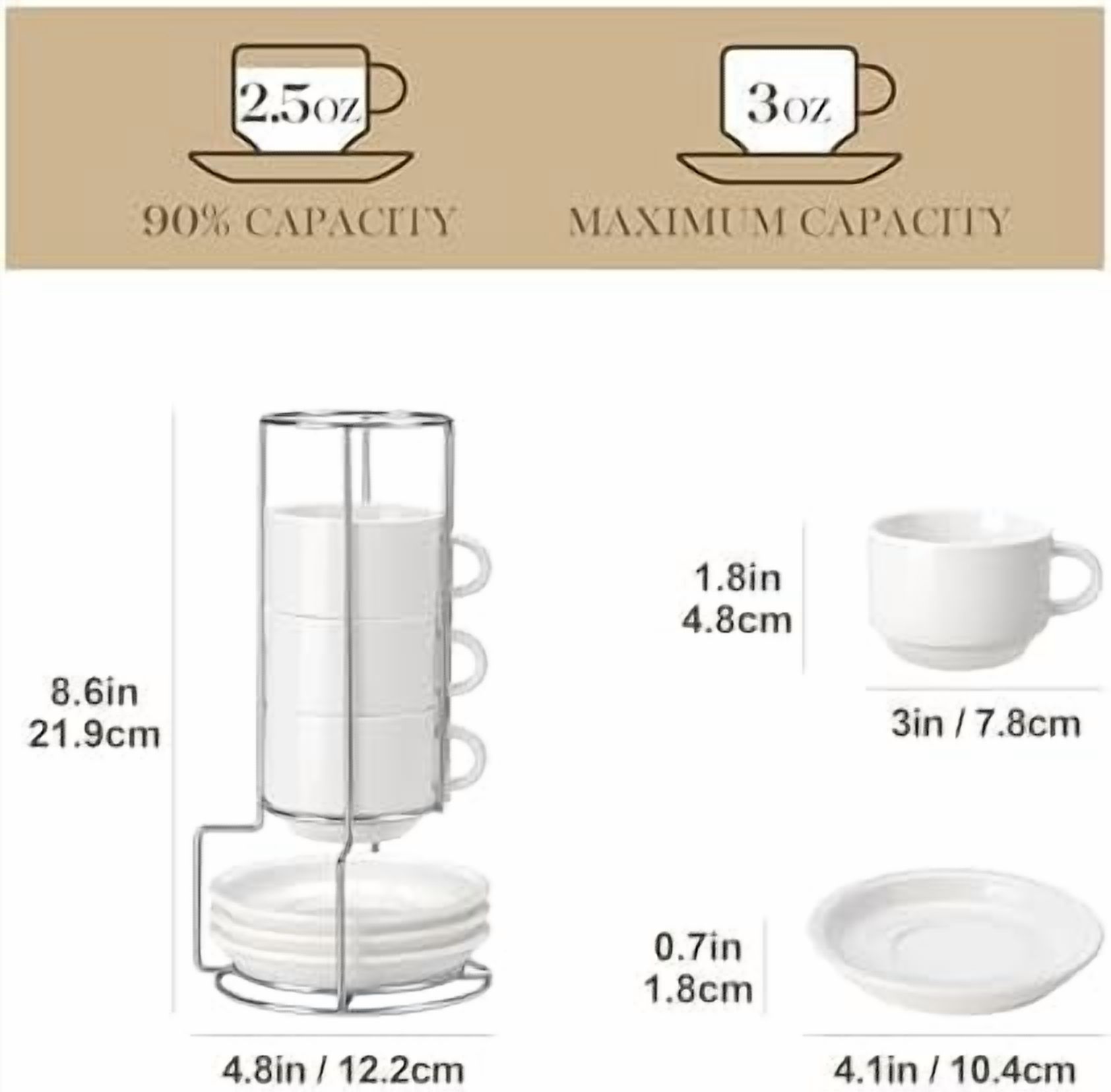 2.5 OZ Porcelain Espresso Cups with Saucers and Metal Stand Set of 4 ...
