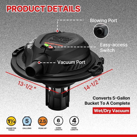 2.5 Peak Wet/Dry Vac Bucket Head, Fits 5 Gallon Bucket (Sold Separately), Portable Shop Vacuum, 1.25 Inch Diameter x 4 Foot Hose, 6 Foot Cord, Ideal for Jobsite, Garage, Workshop & Home