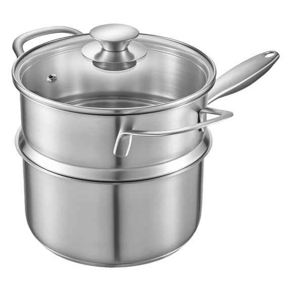 2.5 QT Stainless Steel Saucepan with Steamer Insert Glass Lid Multipurpose Nonstick Cooking Pot Ergonomic Handle Oven Safe Dishwasher Friendly Induction Compatible Kitchen Essential