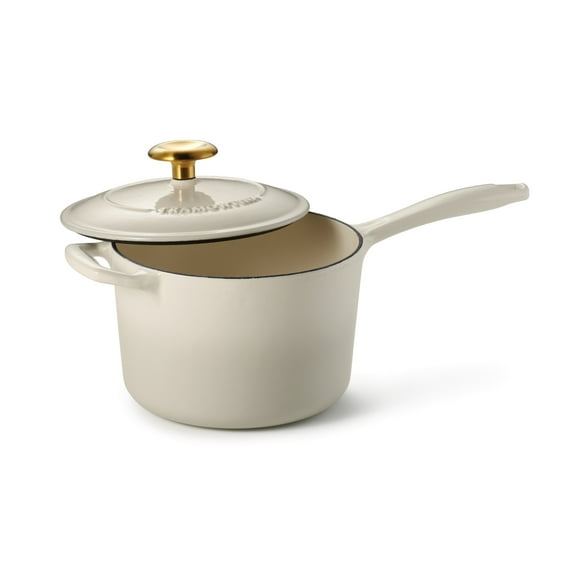 Tramontina Bestow 2.5-Quart Enameled Cast Iron Sauce Pan with Lid, Latte with Gold Knob, Oven-Safe