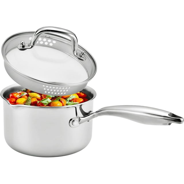 2.5 Quart Saucepan with Strainer Lid, Stainless Steel Sauce Pot, Sauce Pan for Stove Top, Two