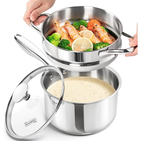 2.5 Quart Stainless Steel Sauce Pan with Lid & Steamer Insert - Induction Compatible, Dishwasher/Oven Safe, Multi-Use Pot for Soups, Stews, Pasta, Dumplings - Sturdy Base for Even Heating