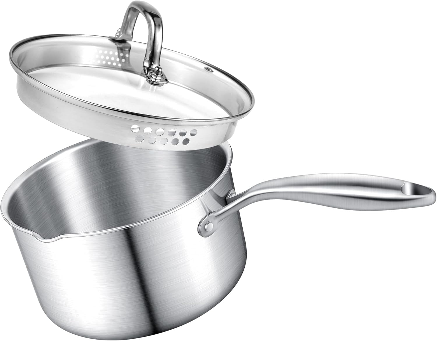 LEATRIN 1.5 Quart Tri-Ply Stainless Steel Saucepan With Steamer Basket & Glass Lid - Induction Compatible - View #10
