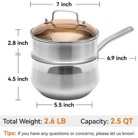 2.5-Quart Stainless Steel Saucepan with Steamer Basket - 2-in-1 Pot & Steamer, Tri-Ply Base, Tempered Glass Lid, Induction Compatible