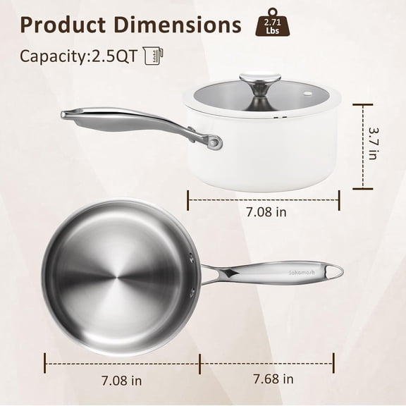 2.5 Quart Tri-ply Stainless Steel Saucepan with Glass Lid, Induction Sauce Pan Compatible with All Cooktops, Non-Toxic Sauce Pot with Stay Cool Handle, Oven & Dishwasher Safe