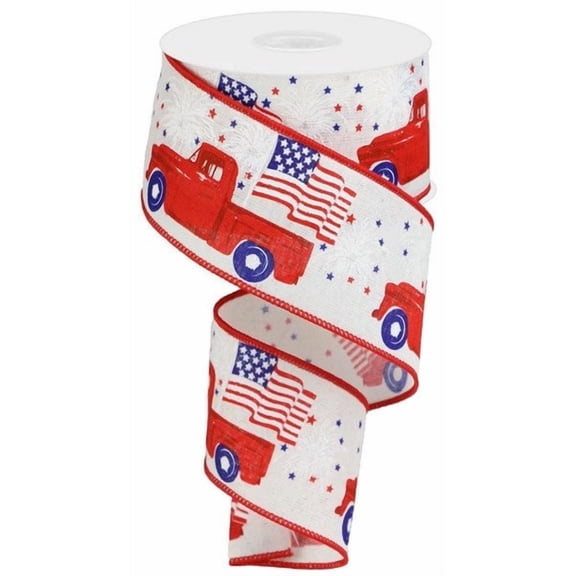 2.5" Red Vintage Patriotic Truck - Red Farm Truck July 4th America Patriotic Wired Edge Ribbon (Ivory)