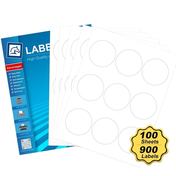 Pony Packaging Round Laser & Inkjet Printer Labels, 2.5 in x 2.5 in, White, 9 Labels Per Sheet, 900 Count