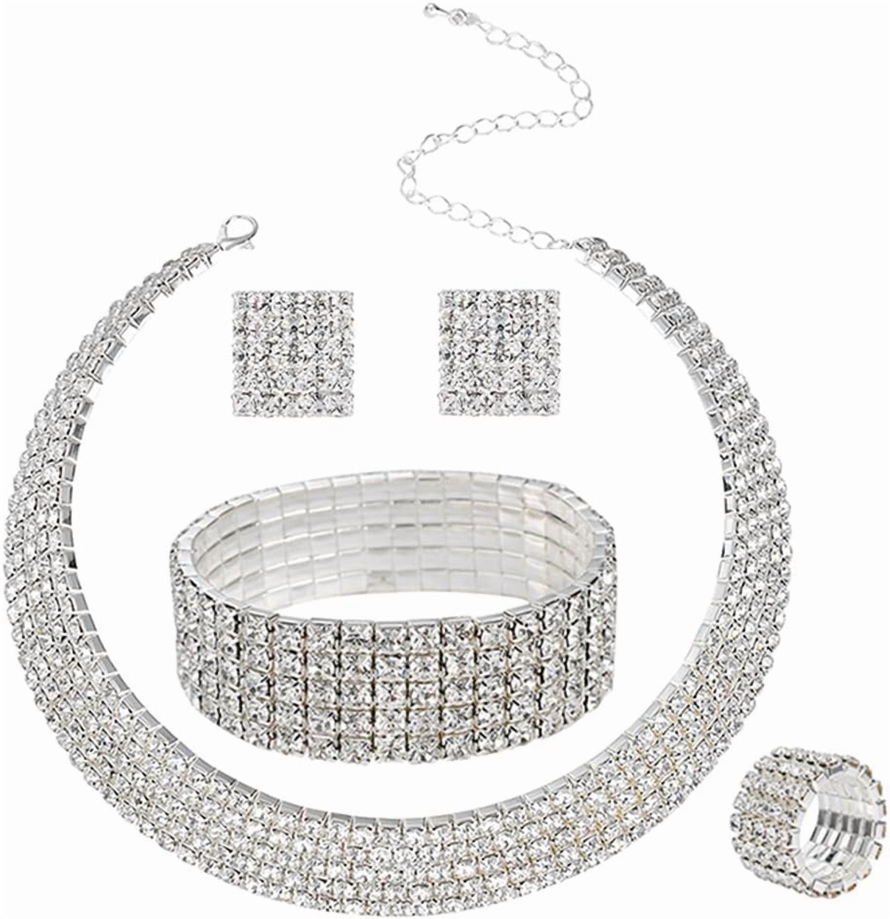 2-5 Row Crystal Rhinestone Choker Necklace Earrings Bracelet Ring ...
