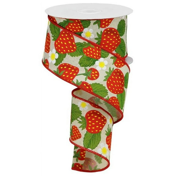 2.5" Strawberries On Royal Ribbon: Cream (10 Yards) - Strawberry Wired Edge Ribbon by Expressions RGA118409