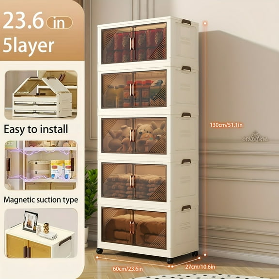 2-5 Layer Stackable Storage Bins - Space-Saving, Foldable Cabinet with Rolling Drawers for Closet & Book Organization, Open Front Access