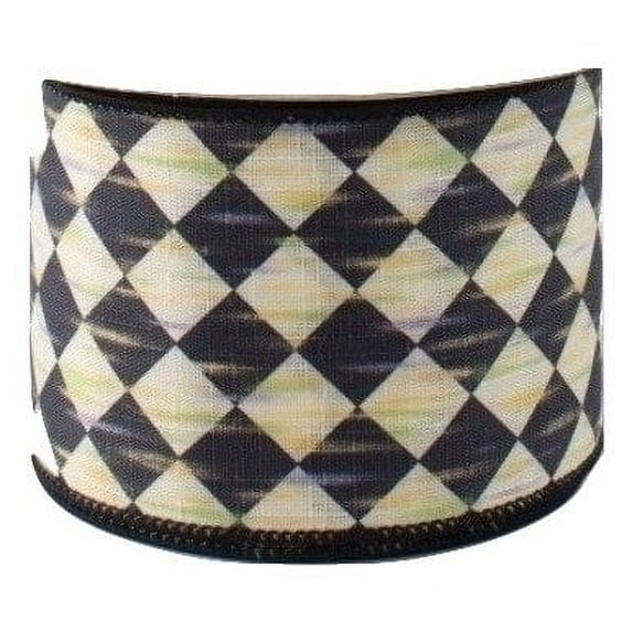 2.5" Wide Expressions Antique Diamond Harlequin Satin Wired Ribbon Black, Cream, Ivory, Beige (10 Yards)