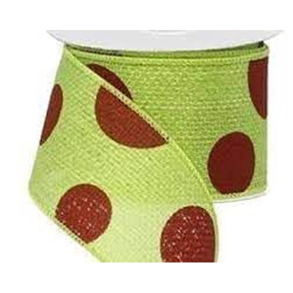2.5" Wide Expressions Faux Burlap Giant Polka Dot Wired Ribbon Lime With Red (10 Yards) Christmas
