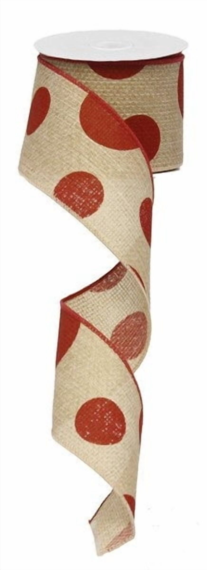 2.5" Wide Expressions Faux Burlap Giant Polka Dot Wired Ribbon Natural With Red (10 Yards) Great For Lady Bug Themes, As Well As Rustic Valentine'S Day Or Christmas