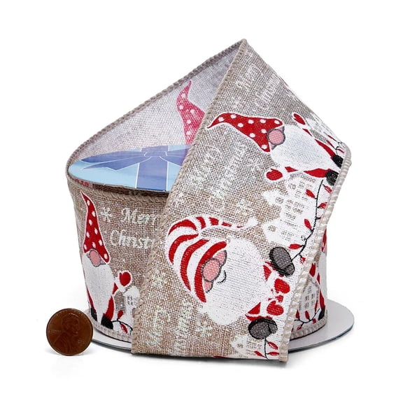 2.5" Wide Santa Gnomes On Light Brown Fabric Wired Ribbon - 10 Yards (56114009)